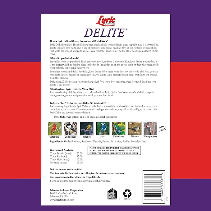 Lyric Delite Wild Bird Seed - No Waste Bird Food Mix with Shell - Free Nuts & Seeds - Attracts Buntings, Chickadees & Finches - 5 lb bag - PhishStones Products