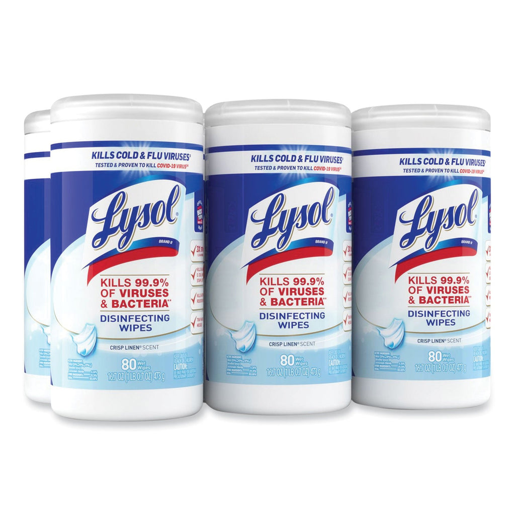 LYSOL Disinfecting Wipes, 7 x 7.25, Crisp Linen, 80 Wipes/Canister - PhishStones Products