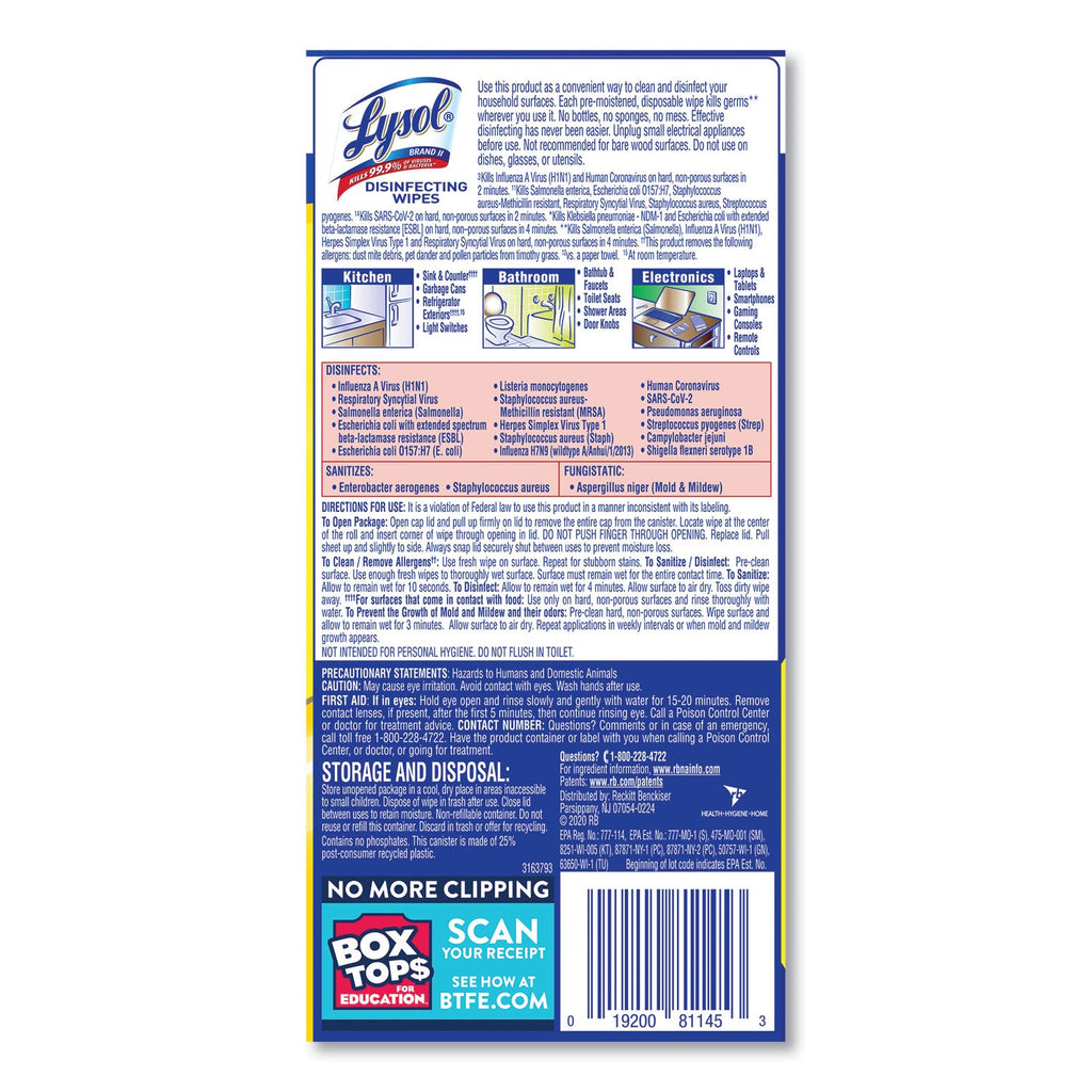 LYSOL Disinfecting Wipes, 7 x 7.25, Lemon and Lime Blossom, 35 Wipes/Canister - PhishStones Products