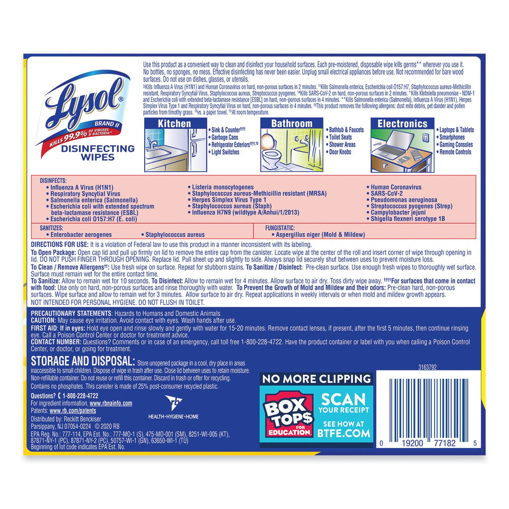 LYSOL Disinfecting Wipes, 7 x 7.25, Lemon and Lime Blossom, 80 Wipes/Canister - PhishStones Products
