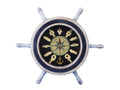 Wooden Rustic White and Blue Ship Wheel Knot Faced Clock 12""