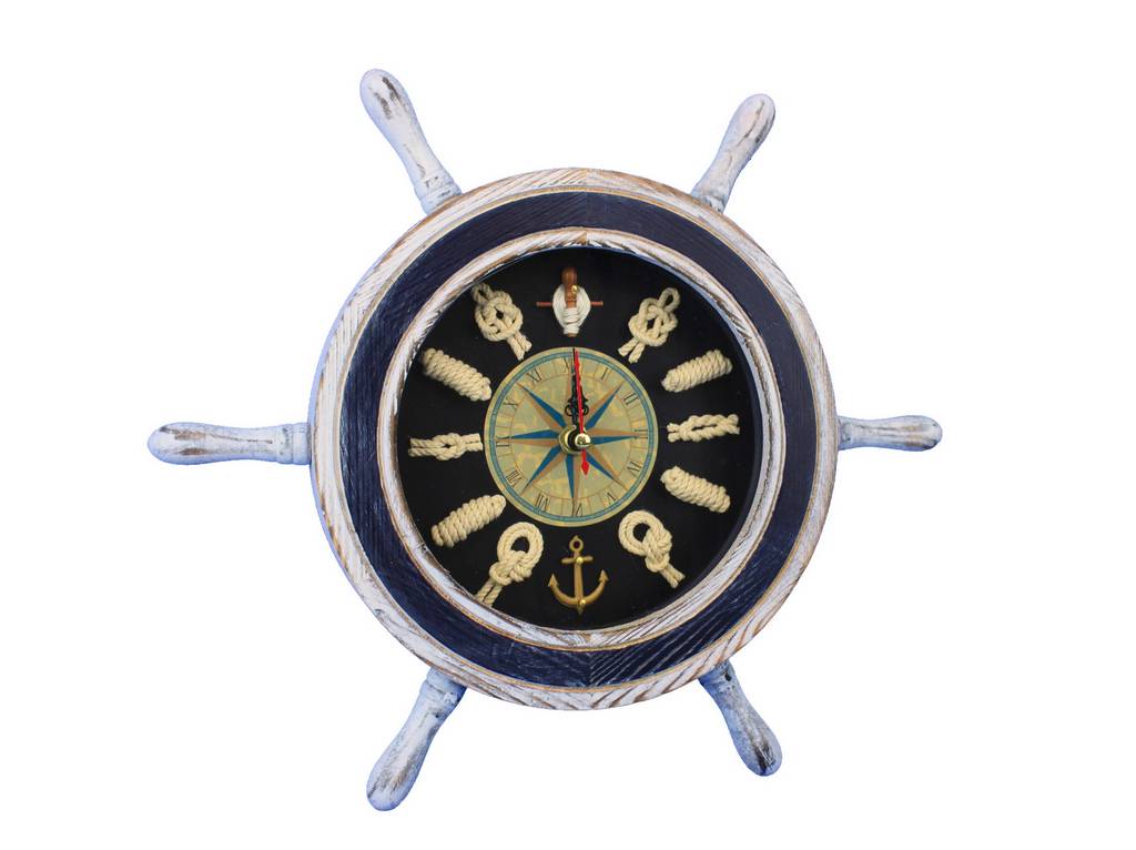 Wooden Rustic White and Blue Ship Wheel Knot Faced Clock 12""
