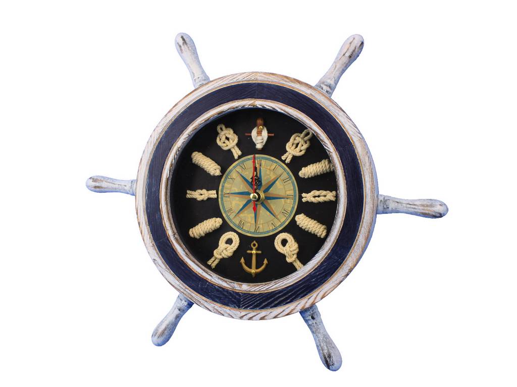 Wooden Rustic White and Blue Ship Wheel Knot Faced Clock 12""