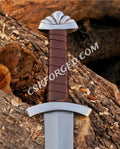 Medieval D2 Tool Steel Viking Sword - Custom Northmen Design with Leather - Wrapped Wooden Scabbard - PhishStones Products