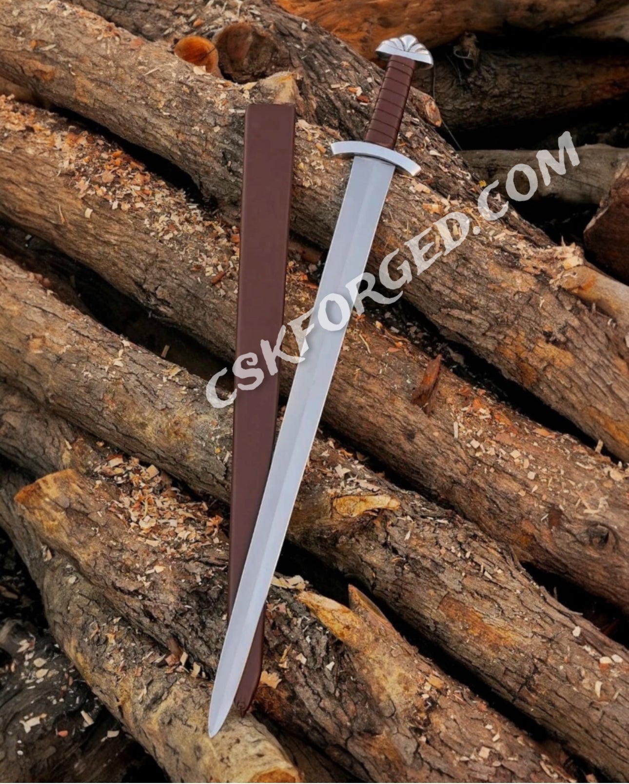 Medieval D2 Tool Steel Viking Sword - Custom Northmen Design with Leather - Wrapped Wooden Scabbard - PhishStones Products
