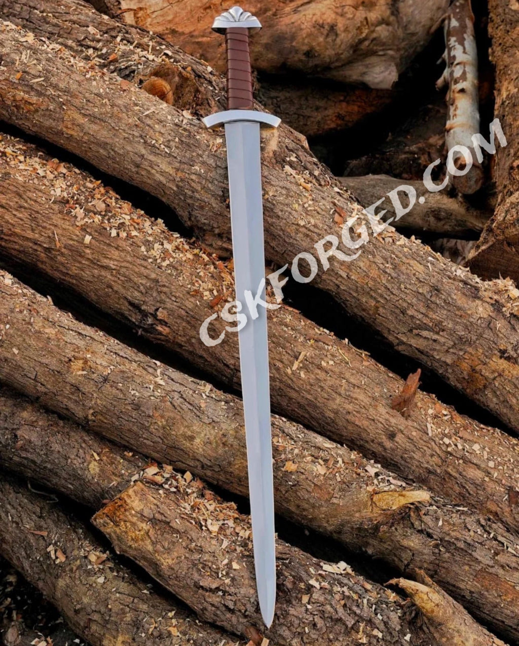 Medieval D2 Tool Steel Viking Sword - Custom Northmen Design with Leather - Wrapped Wooden Scabbard - PhishStones Products