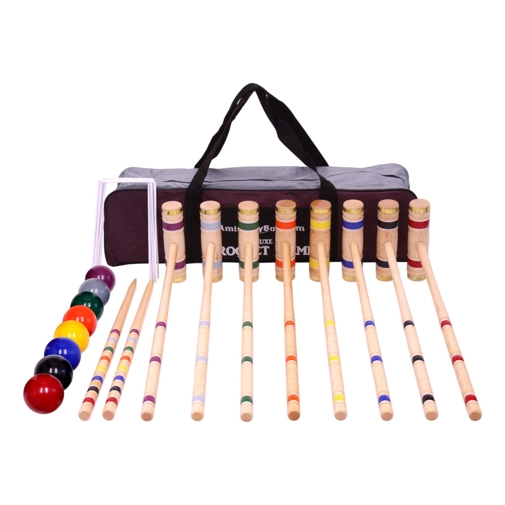 Deluxe 8-Player Croquet Game Set - Choose a Storage Option - Wooden Holder or Duffel Carry Bag