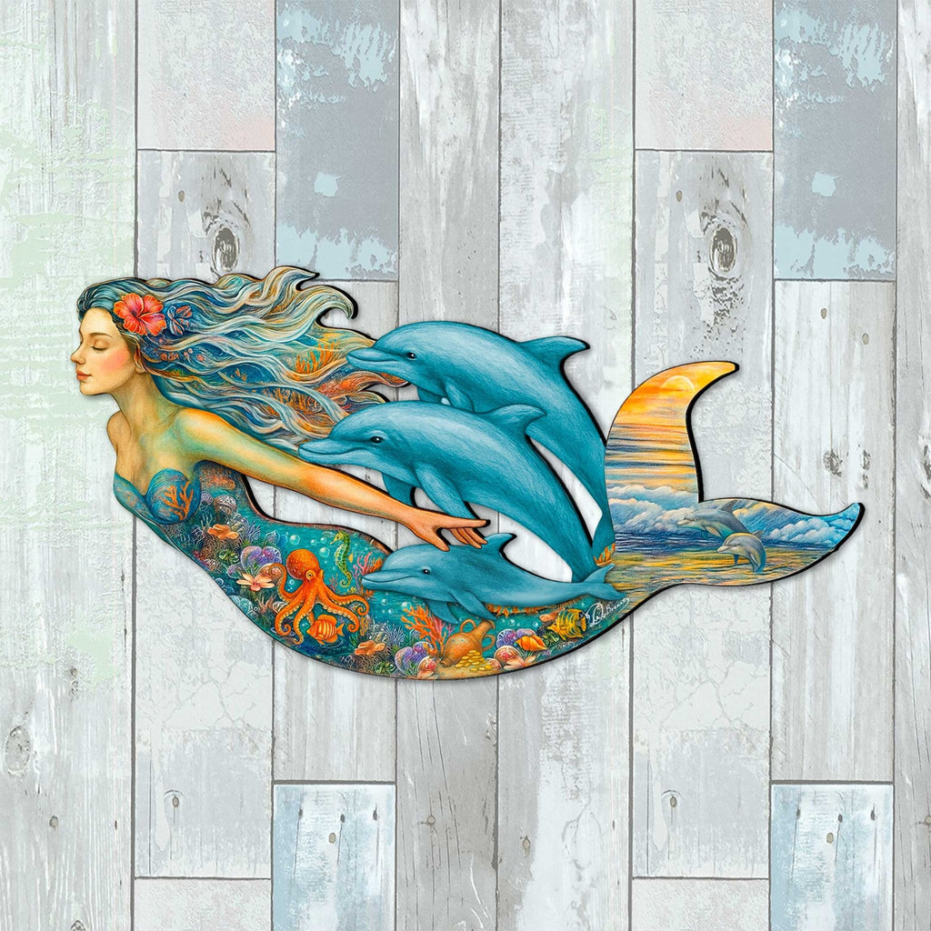 Mermaid & Dolphins Coastal Door Hanger - Handcrafted Ocean Fantasy Art Decor by G. DeBrekht - Coastal Holiday Decor - 81985143H - PhishStones Products