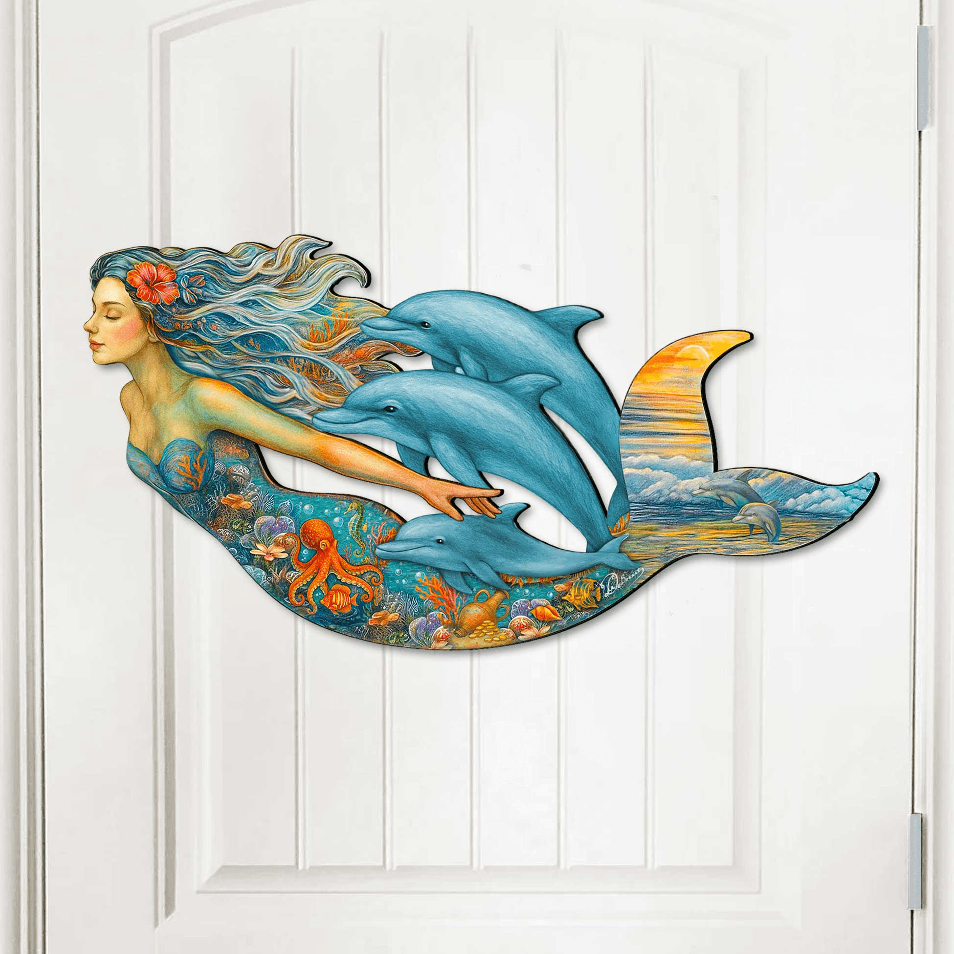 Mermaid & Dolphins Coastal Door Hanger - Handcrafted Ocean Fantasy Art Decor by G. DeBrekht - Coastal Holiday Decor - 81985143H - PhishStones Products