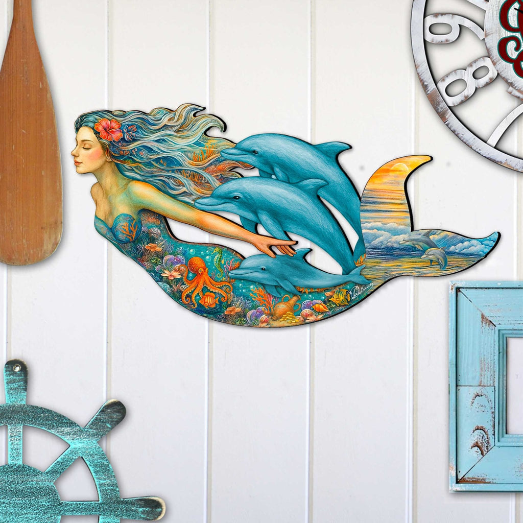 Mermaid & Dolphins Coastal Door Hanger - Handcrafted Ocean Fantasy Art Decor by G. DeBrekht - Coastal Holiday Decor - 81985143H - PhishStones Products