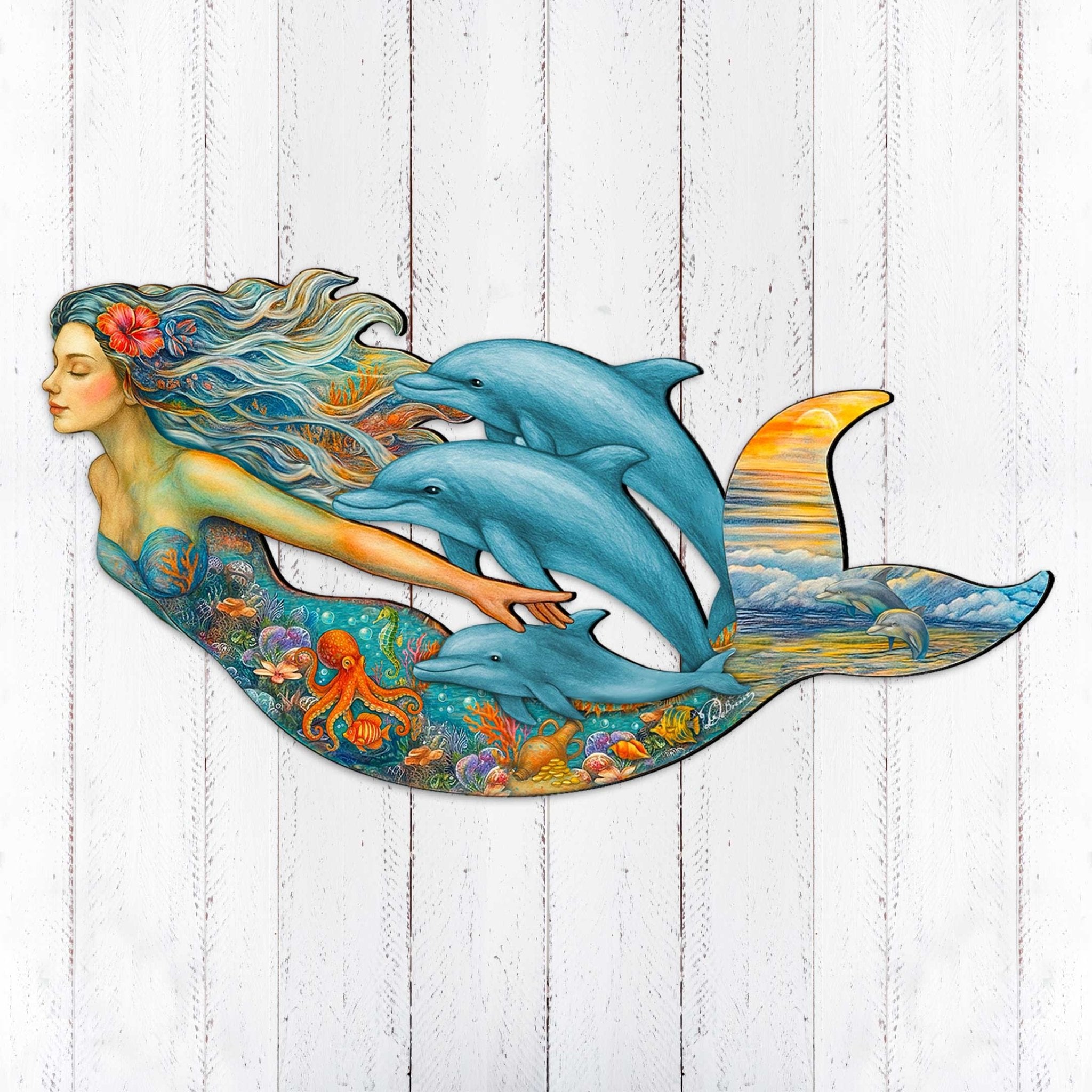 Mermaid & Dolphins Coastal Door Hanger - Handcrafted Ocean Fantasy Art Decor by G. DeBrekht - Coastal Holiday Decor - 81985143H - PhishStones Products