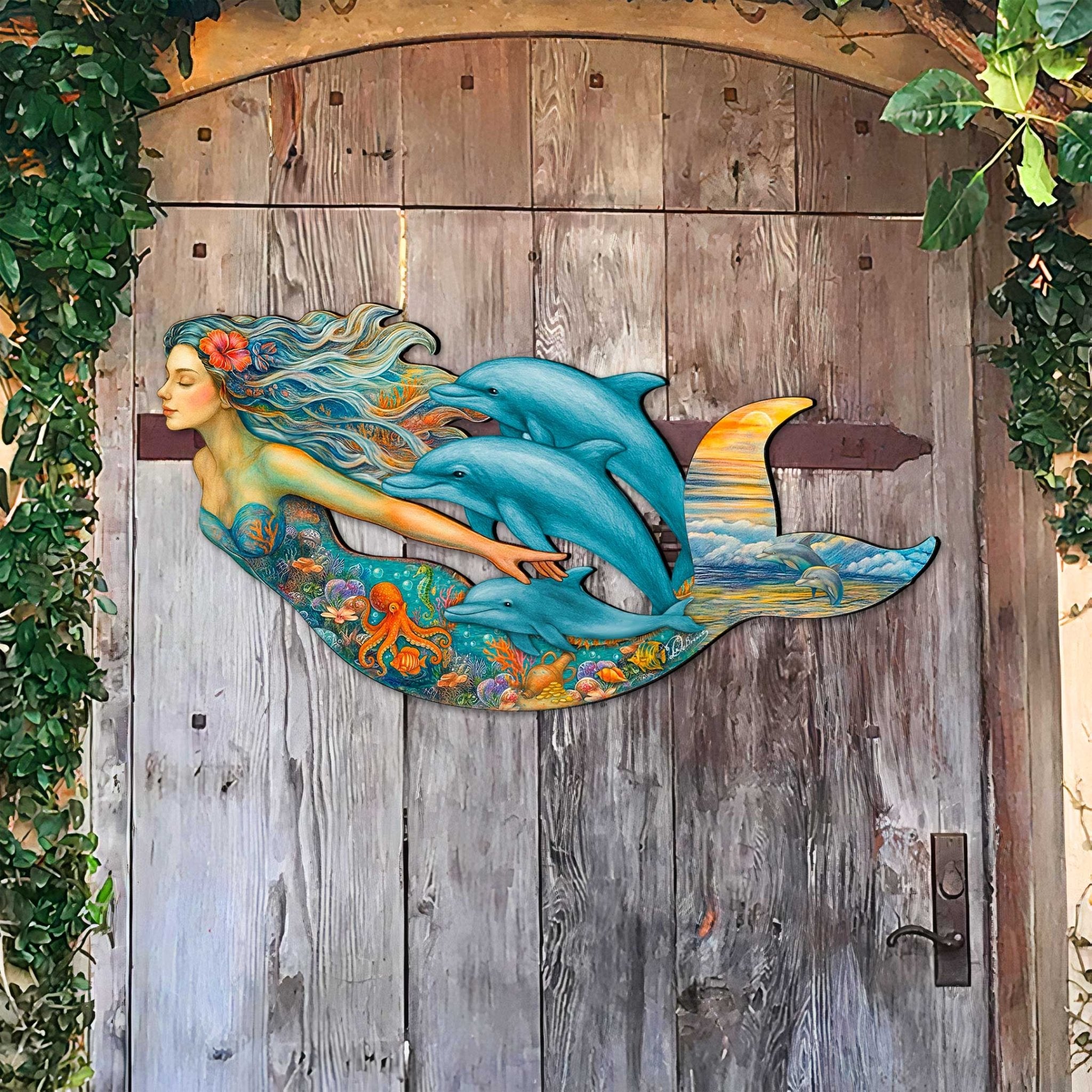 Mermaid & Dolphins Coastal Door Hanger - Handcrafted Ocean Fantasy Art Decor by G. DeBrekht - Coastal Holiday Decor - 81985143H - PhishStones Products
