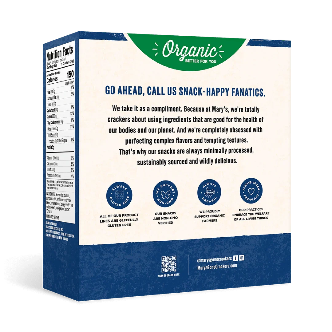 Mary's Gone Crackers Classic Seed Crackers - Case of 6 Boxes (4 oz Each) Organic Gluten-Free