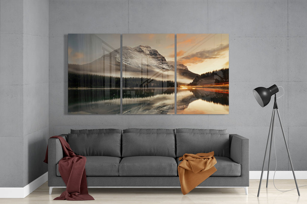 Snowy Peak Mirror Lake Triptych Glass Wall Art