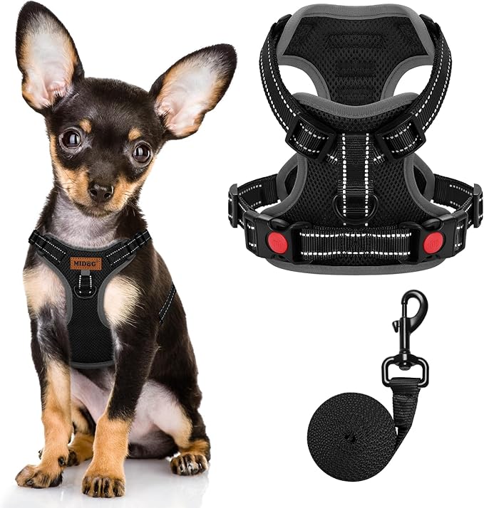 MIDOG No - Pull Dog Harness | Adjustable & Reflective Pet Harness Leash Set for Small Medium Large Dogs Walking, Training| No Choke, Front Clip, Soft Padded Vest with Easy Control Handle - Black, XS - PhishStones Products