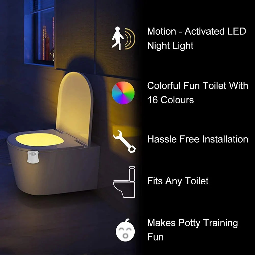 Motion Sensor Toilet Night Light 8/16 - Color LED Stick - On PIR Infrared Battery Operated Nightlight for Bathroom - PhishStones Products