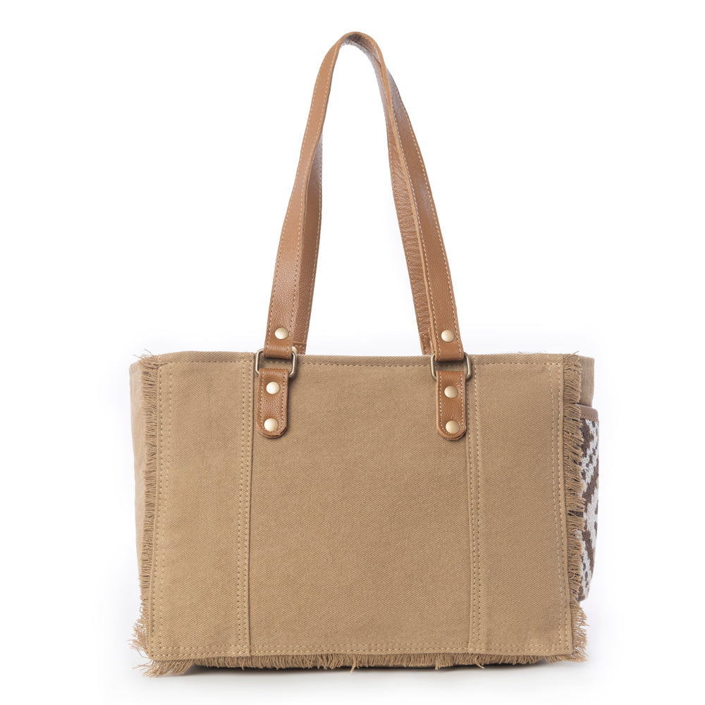 Myra Elisa Le Hairon Leather Tote Bag Fringe Accents, Handwoven Tribal Design for Everyday Use - PhishStones Products