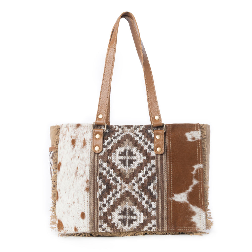 Myra Elisa Le Hairon Leather Tote Bag Fringe Accents, Handwoven Tribal Design for Everyday Use - PhishStones Products