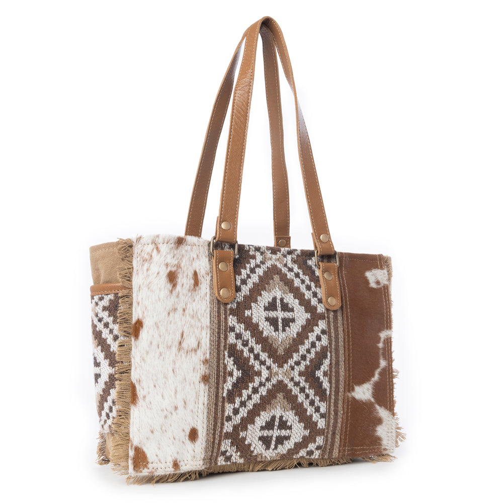 Myra Elisa Le Hairon Leather Tote Bag Fringe Accents, Handwoven Tribal Design for Everyday Use - PhishStones Products