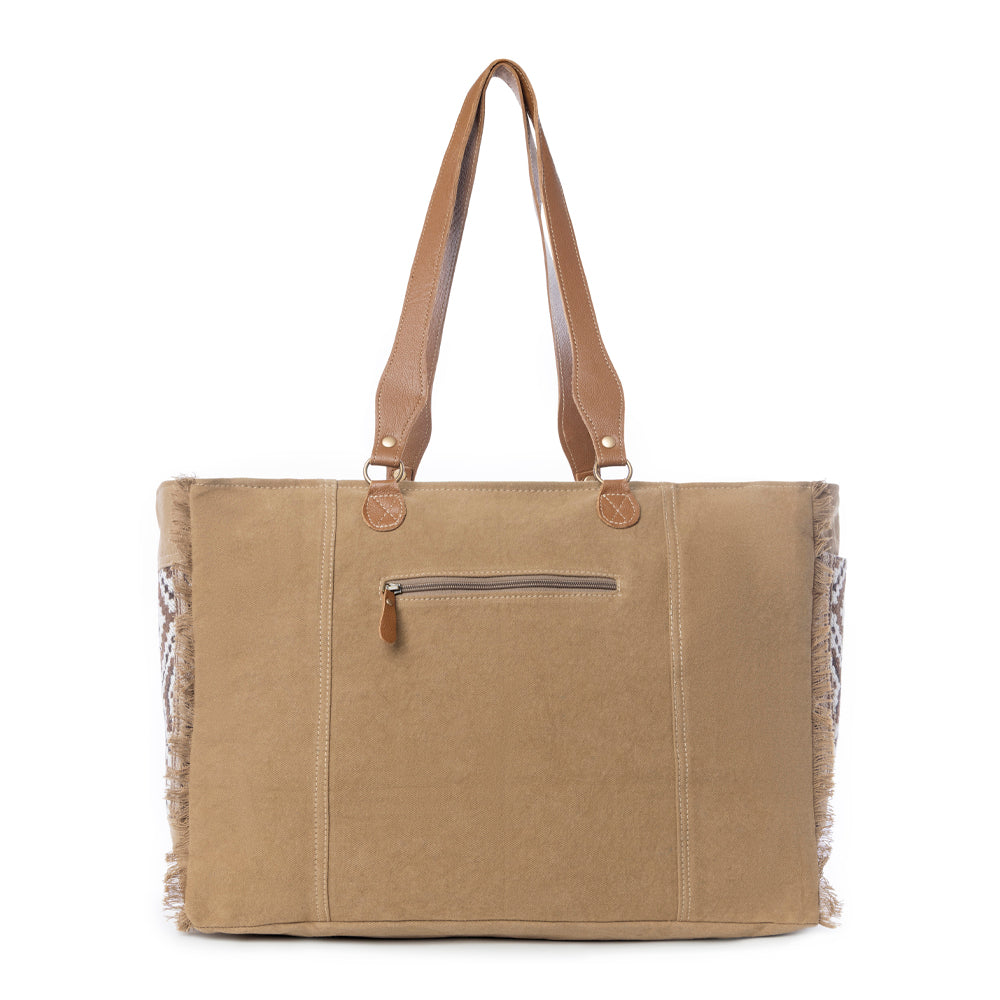 Myra Elisa Leather Weekender Bag - Spacious Cowhide Travel Tote with Tribal Woven Panel and Dual Shoulder Straps - PhishStones Products