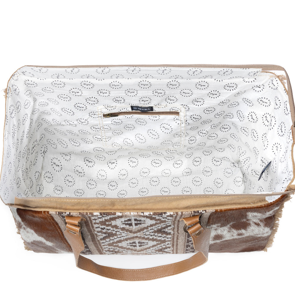 Myra Elisa Leather Weekender Bag - Spacious Cowhide Travel Tote with Tribal Woven Panel and Dual Shoulder Straps - PhishStones Products