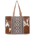 Myra Elisa Leather Weekender Bag - Spacious Cowhide Travel Tote with Tribal Woven Panel and Dual Shoulder Straps - PhishStones Products