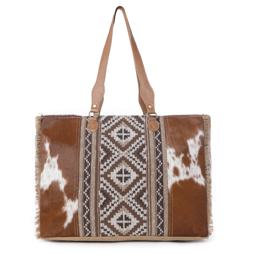 Myra Elisa Leather Weekender Bag - Spacious Cowhide Travel Tote with Tribal Woven Panel and Dual Shoulder Straps - PhishStones Products