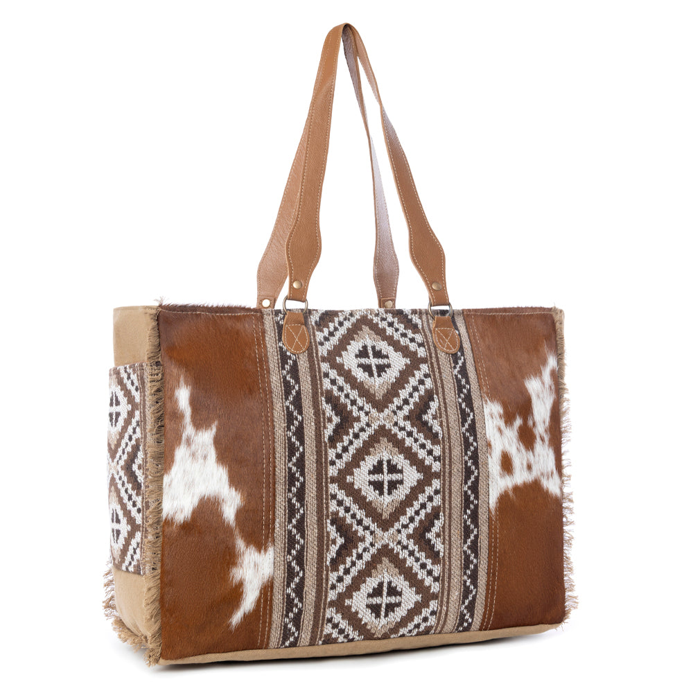Myra Elisa Leather Weekender Bag - Spacious Cowhide Travel Tote with Tribal Woven Panel and Dual Shoulder Straps - PhishStones Products