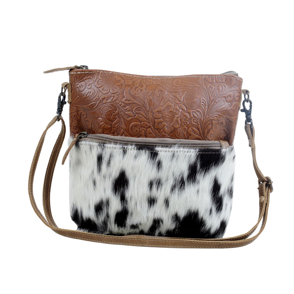 Myra Frontier Trail Embossed Leather Crossbody Bag Western Hairon Purse with Adjustable Leather Strap - PhishStones Products