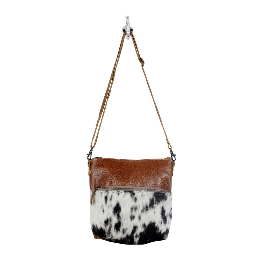 Myra Frontier Trail Embossed Leather Crossbody Bag Western Hairon Purse with Adjustable Leather Strap - PhishStones Products