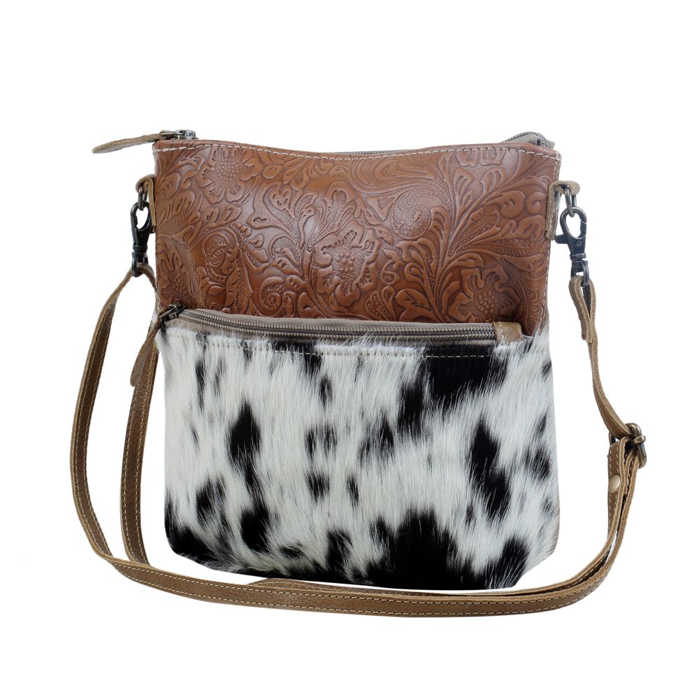 Myra Frontier Trail Embossed Leather Crossbody Bag Western Hairon Purse with Adjustable Leather Strap - PhishStones Products