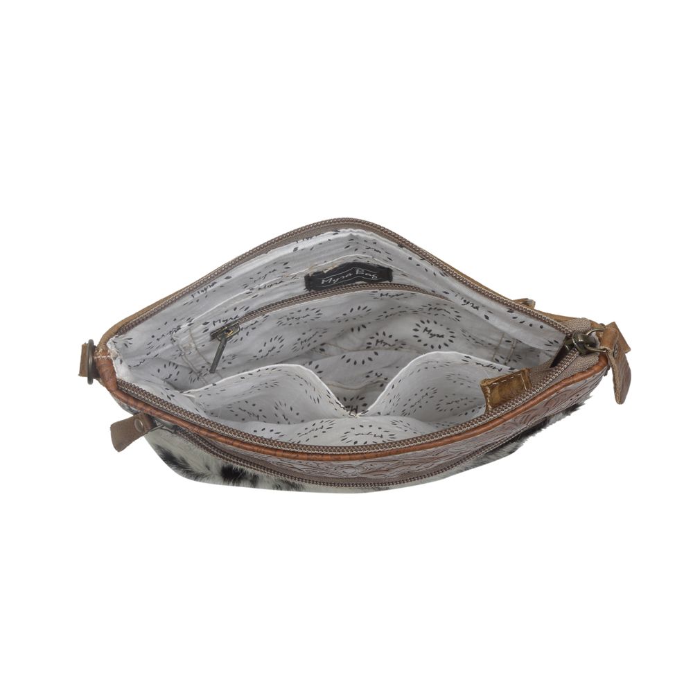 Myra Frontier Trail Embossed Leather Crossbody Bag Western Hairon Purse with Adjustable Leather Strap - PhishStones Products