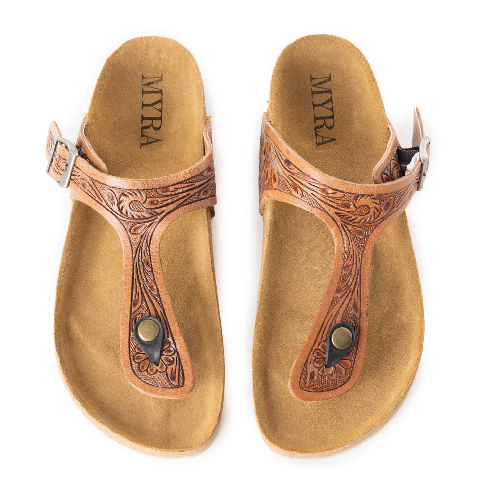 Myra Grashius Leather Slip - on Flats for Women - Handtooled Casual Sandals with Western Flair - PhishStones Products