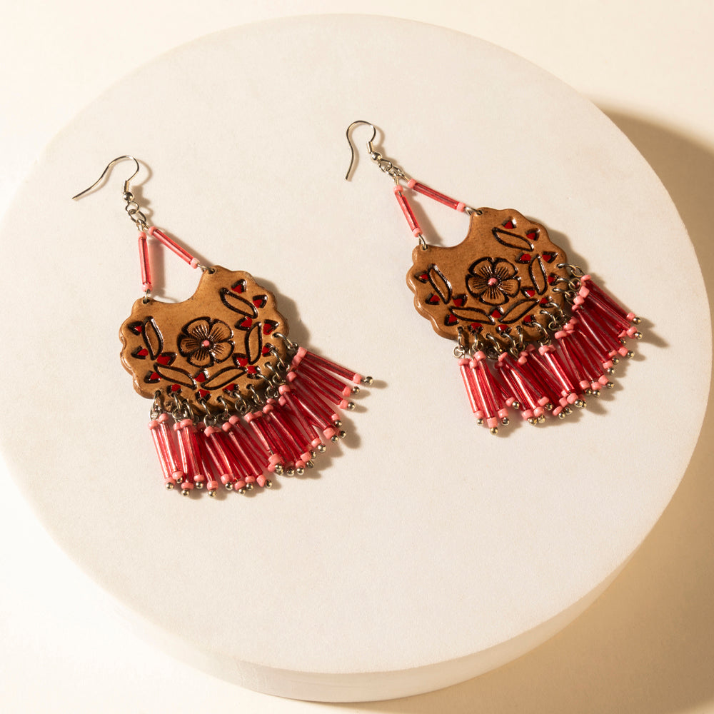 Myra Handtooled Carnival Bloom Fringe Earrings in Ember Pink - PhishStones Products