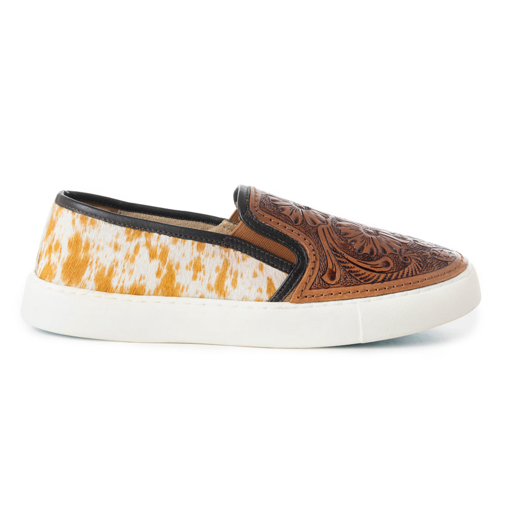 Myra Kryptun Western Handtooled Hairon Leather Slip - On Sneakers for Women – Western Floral Carving, White Sole for Everyday Rodeo Vibe - PhishStones Products