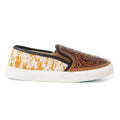 Myra Kryptun Western Handtooled Hairon Leather Slip - On Sneakers for Women – Western Floral Carving, White Sole for Everyday Rodeo Vibe - PhishStones Products