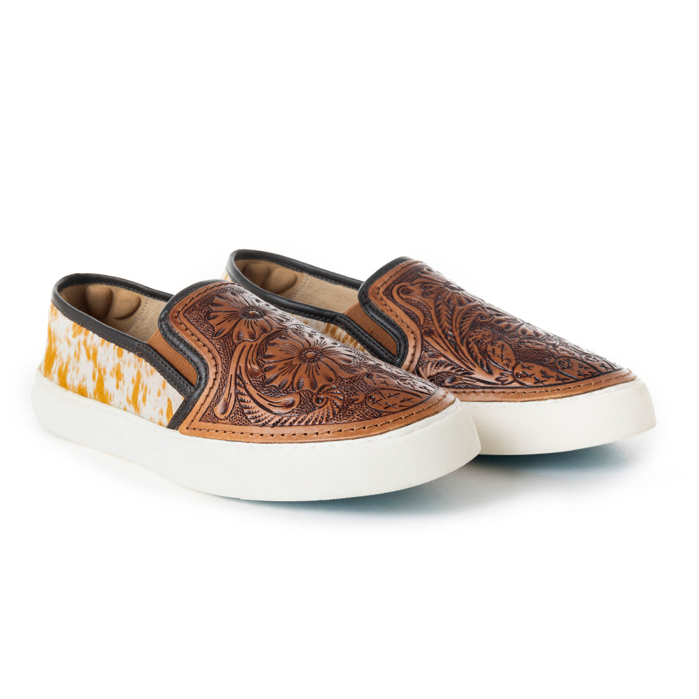 Myra Kryptun Western Handtooled Hairon Leather Slip - On Sneakers for Women – Western Floral Carving, White Sole for Everyday Rodeo Vibe - PhishStones Products