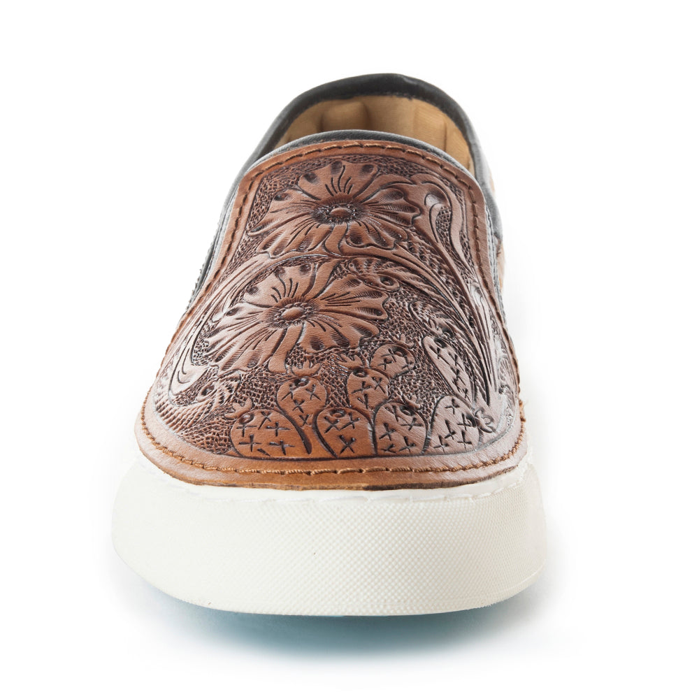 Myra Kryptun Western Handtooled Hairon Leather Slip - On Sneakers for Women – Western Floral Carving, White Sole for Everyday Rodeo Vibe - PhishStones Products