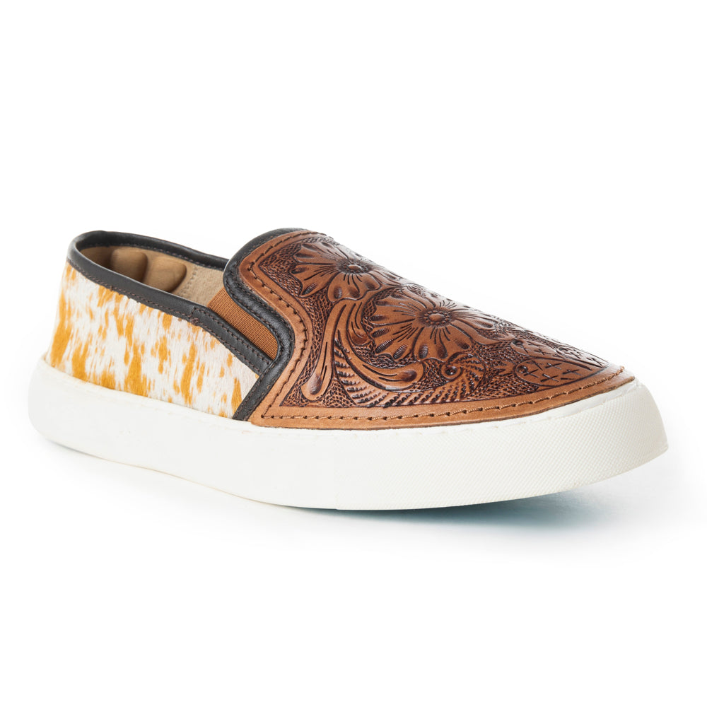 Myra Kryptun Western Handtooled Hairon Leather Slip - On Sneakers for Women – Western Floral Carving, White Sole for Everyday Rodeo Vibe - PhishStones Products