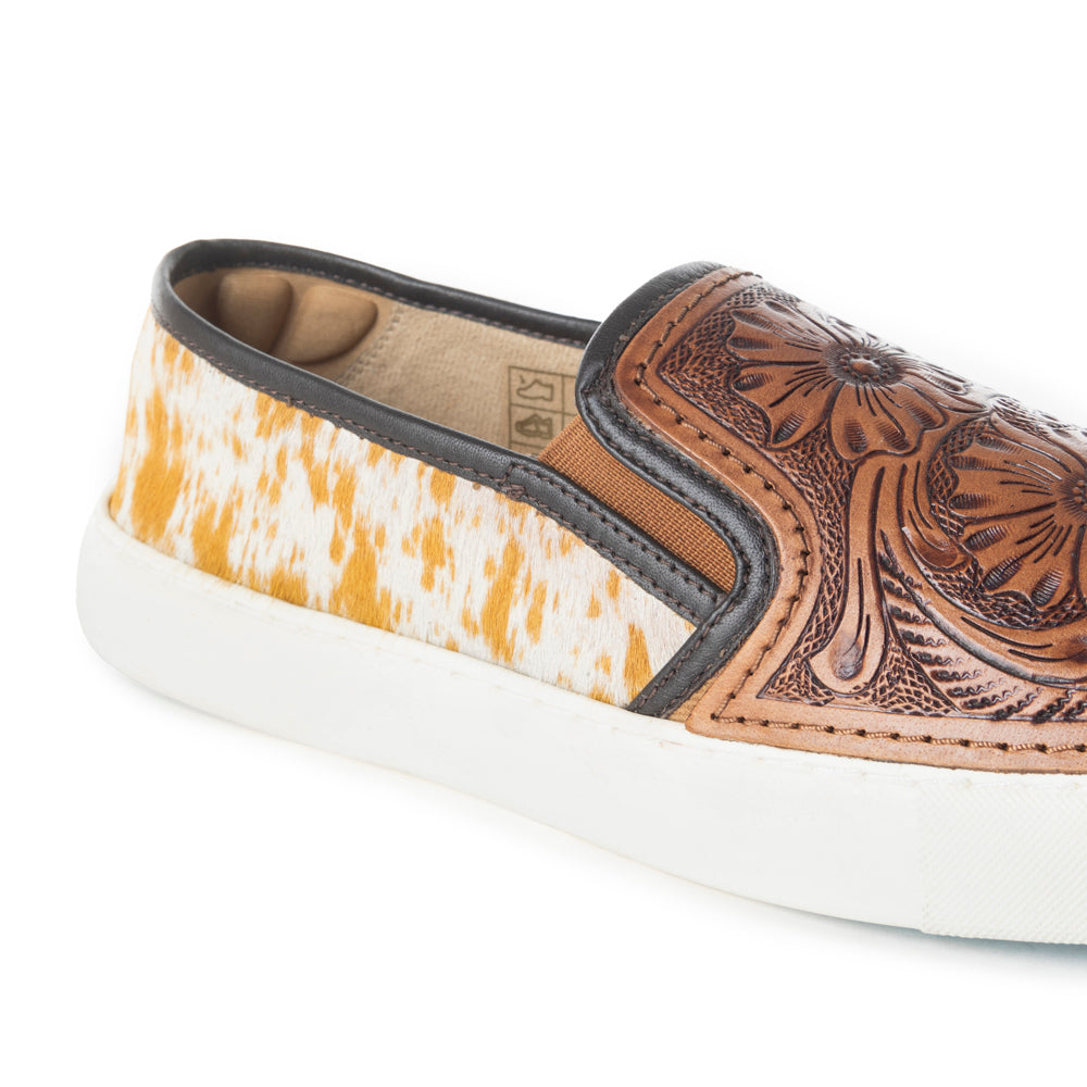 Myra Kryptun Western Handtooled Hairon Leather Slip - On Sneakers for Women – Western Floral Carving, White Sole for Everyday Rodeo Vibe - PhishStones Products