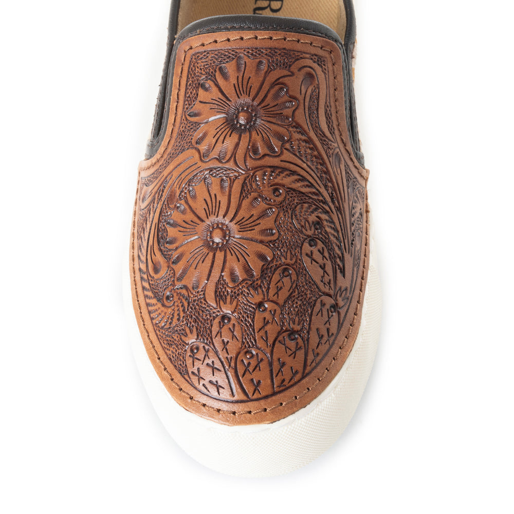 Myra Kryptun Western Handtooled Hairon Leather Slip - On Sneakers for Women – Western Floral Carving, White Sole for Everyday Rodeo Vibe - PhishStones Products