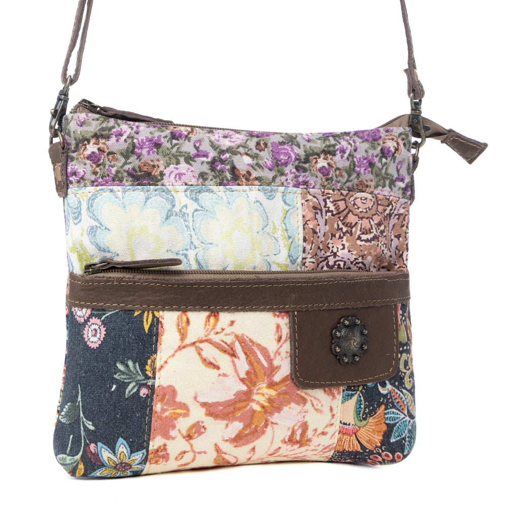 Myra La Fleur Patchwork Crossbody Bag â€“ Floral Canvas Panels, Brown Leather Accents, Boho Cowgirl Everyday Purse - PhishStones Products