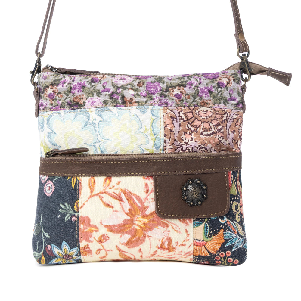 Myra La Fleur Patchwork Crossbody Bag â€“ Floral Canvas Panels, Brown Leather Accents, Boho Cowgirl Everyday Purse - PhishStones Products