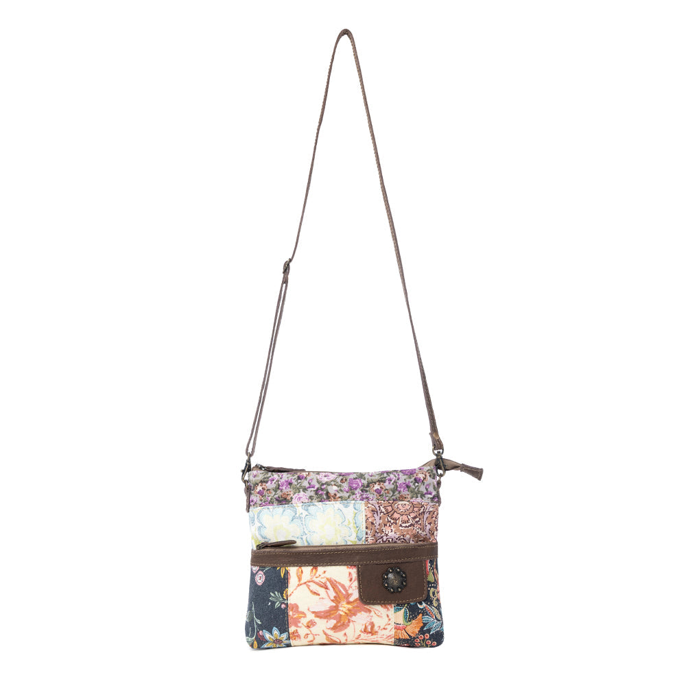 Myra La Fleur Patchwork Crossbody Bag â€“ Floral Canvas Panels, Brown Leather Accents, Boho Cowgirl Everyday Purse - PhishStones Products