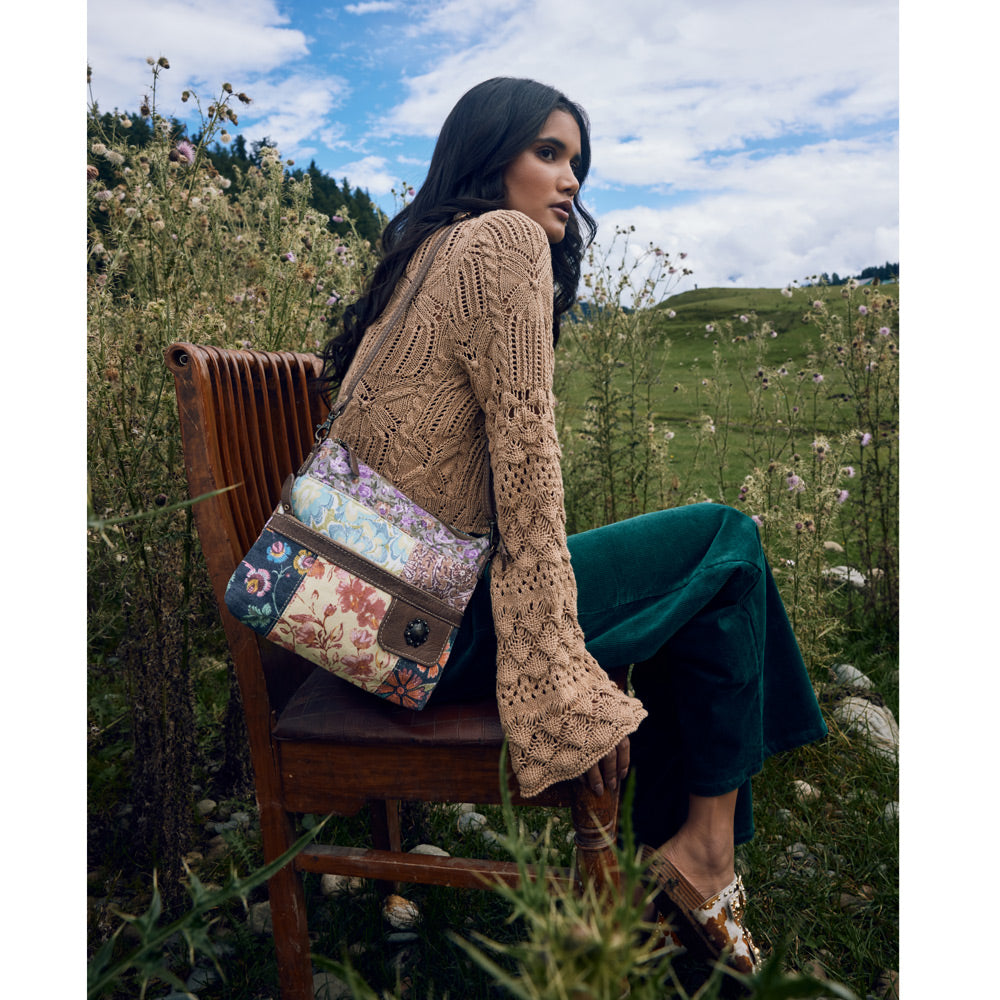 Myra La Fleur Patchwork Crossbody Bag â€“ Floral Canvas Panels, Brown Leather Accents, Boho Cowgirl Everyday Purse - PhishStones Products