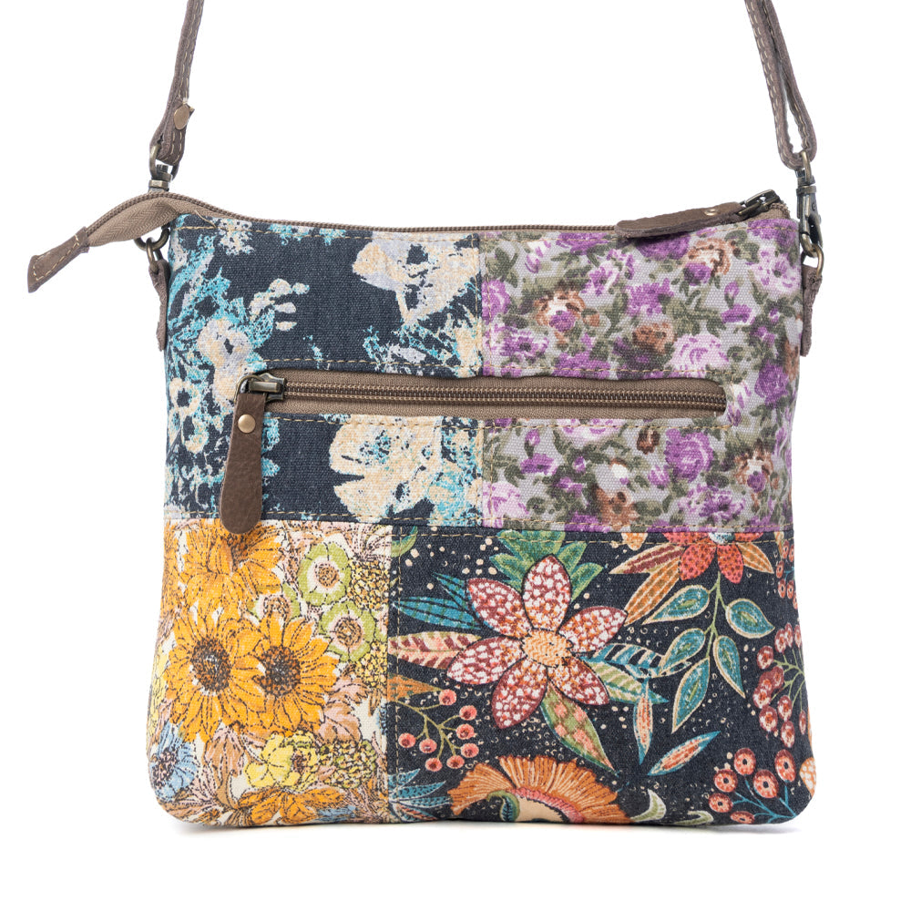 Myra La Fleur Patchwork Crossbody Bag â€“ Floral Canvas Panels, Brown Leather Accents, Boho Cowgirl Everyday Purse - PhishStones Products