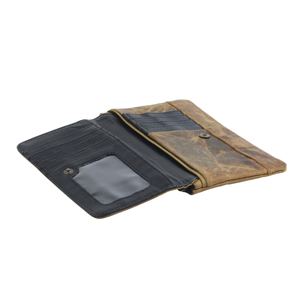 Myra Oak Fire Rustic Brown Leather Wallet - RFID - Protected Zip Pouch for Secure Cards & Cash Storage - PhishStones Products