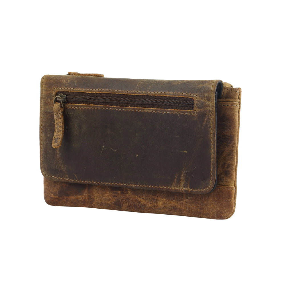 Myra Oak Fire Rustic Brown Leather Wallet - RFID - Protected Zip Pouch for Secure Cards & Cash Storage - PhishStones Products