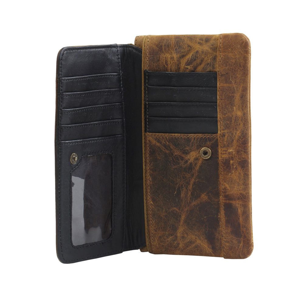 Myra Oak Fire Rustic Brown Leather Wallet - RFID - Protected Zip Pouch for Secure Cards & Cash Storage - PhishStones Products
