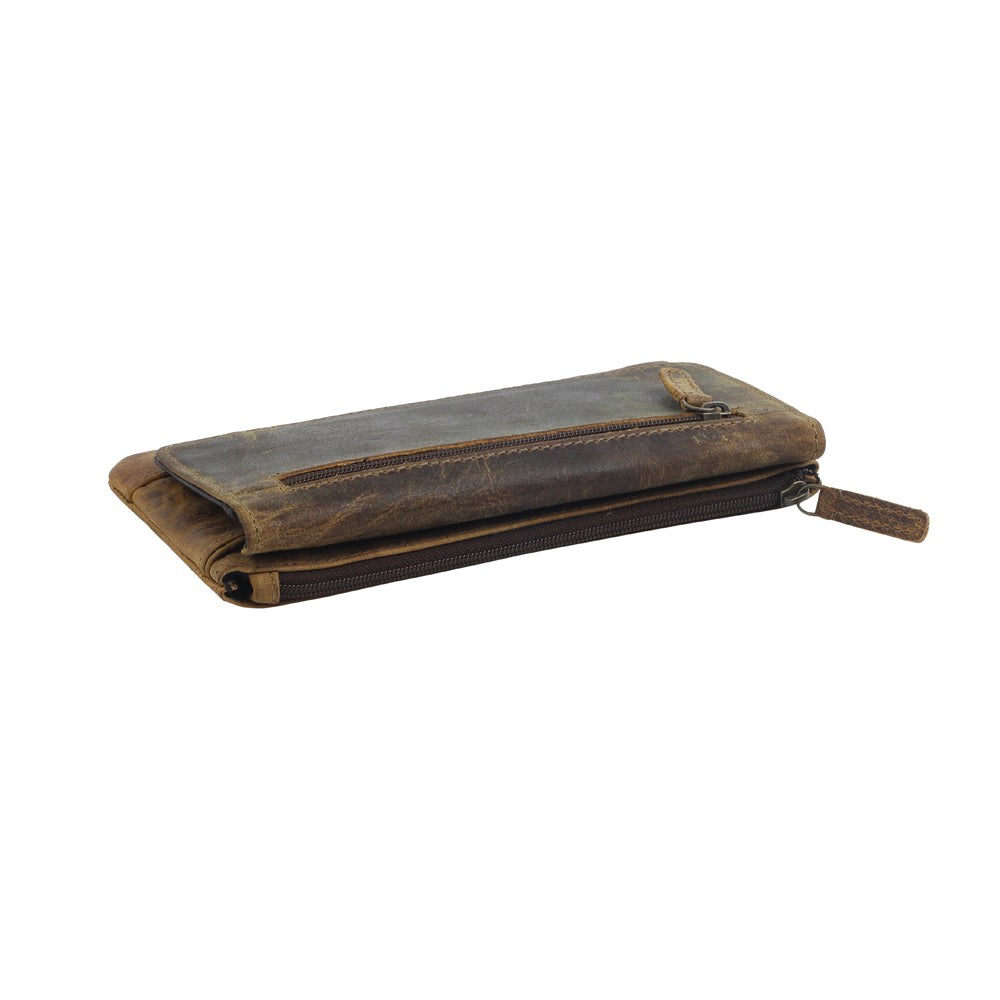 Myra Oak Fire Rustic Brown Leather Wallet - RFID - Protected Zip Pouch for Secure Cards & Cash Storage - PhishStones Products